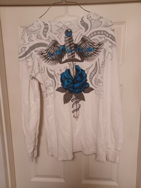 Womens White Long-Sleeve Graphic Shirt with Blue Rose and Dagger